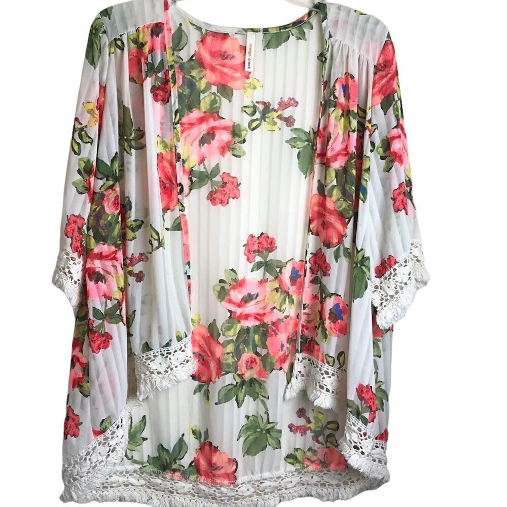 ORANGE CREEK - Bohemian Floral Sheer Open Front Crochet Trim Kimono